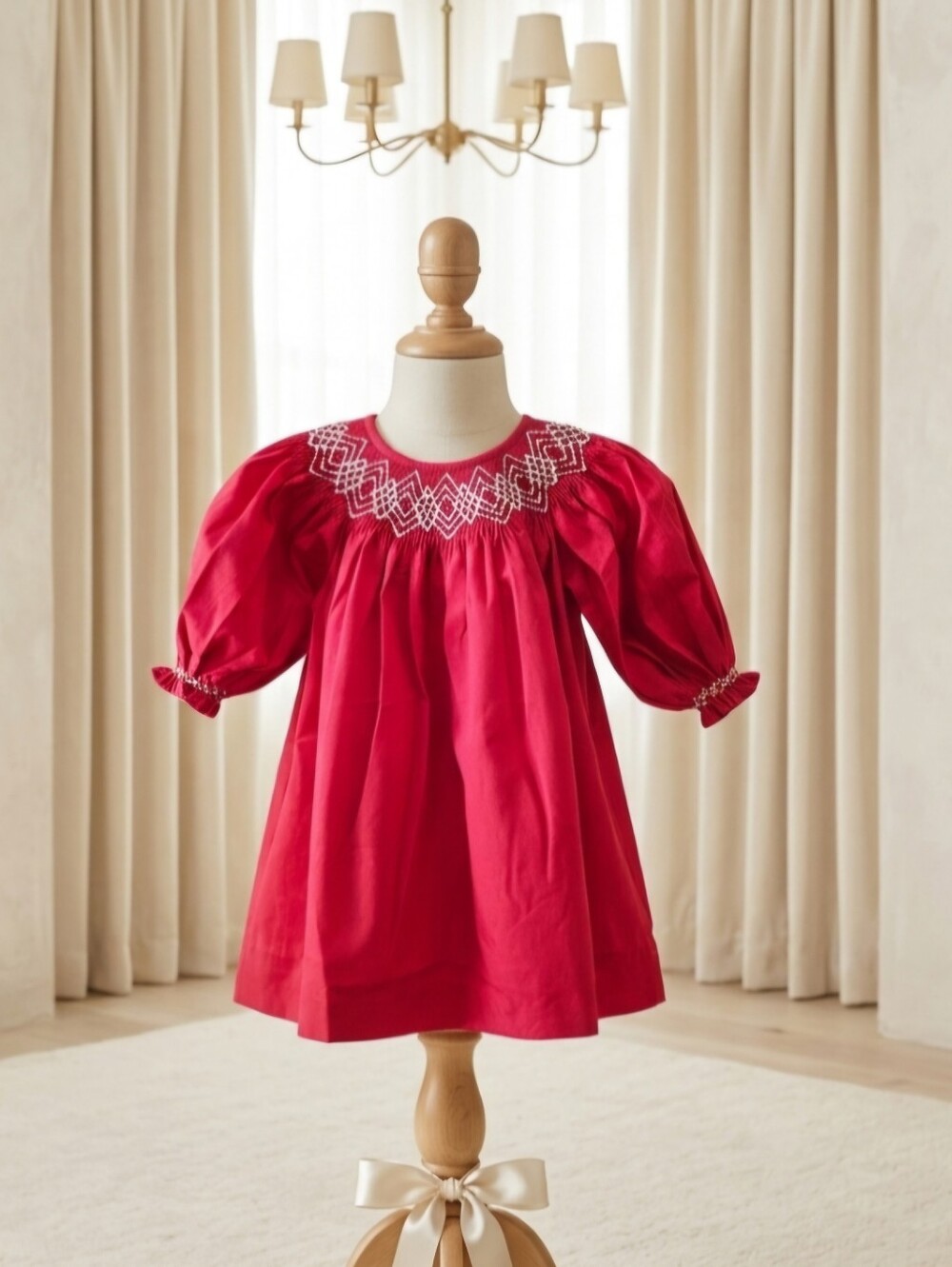 Love Me Red Smocked Bishop Dress with Pearls | Long Puff Sleeves | Size 6M